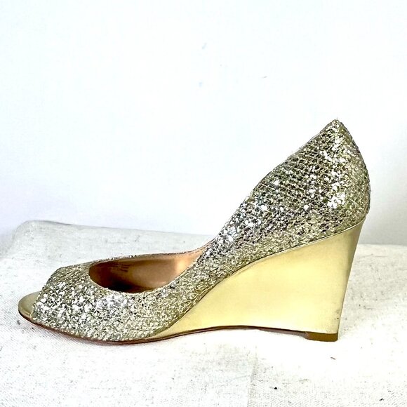 Badgley Mischka Gold Glitter Wedge Heels Size 7 1/2 - Picture 8 of 16